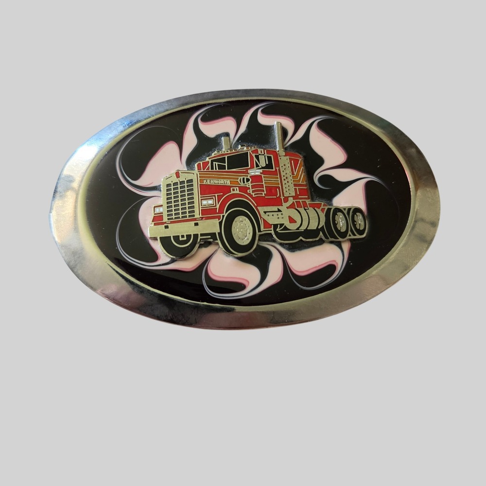 Vintage Kenworth Semi Truck Belt Buckle Red Tractor Trailer Enamel 1980s